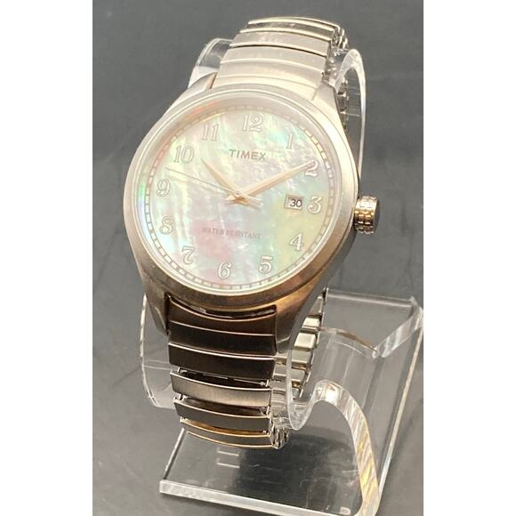 Timex 1854 Mother of Pearl Mens Womens Watch 38mm New Battery Expandable Band WR - Picture 1 of 9